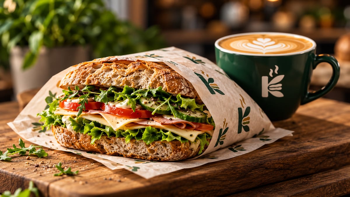 Kanapka na ciabatcie zawinięta w papier z monogramem kanapKawa obok latte w zielonej filiżance
